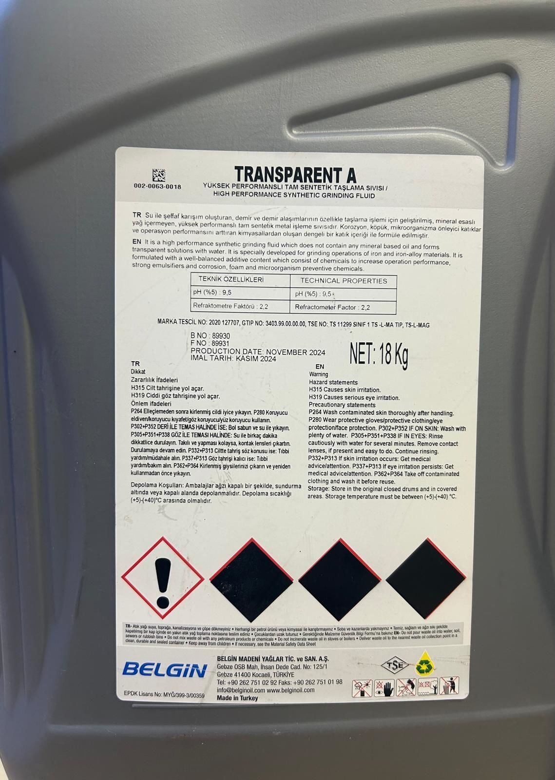 BELGİN TRANSPARENT A Taşlama Sıvısı - 18 Kg