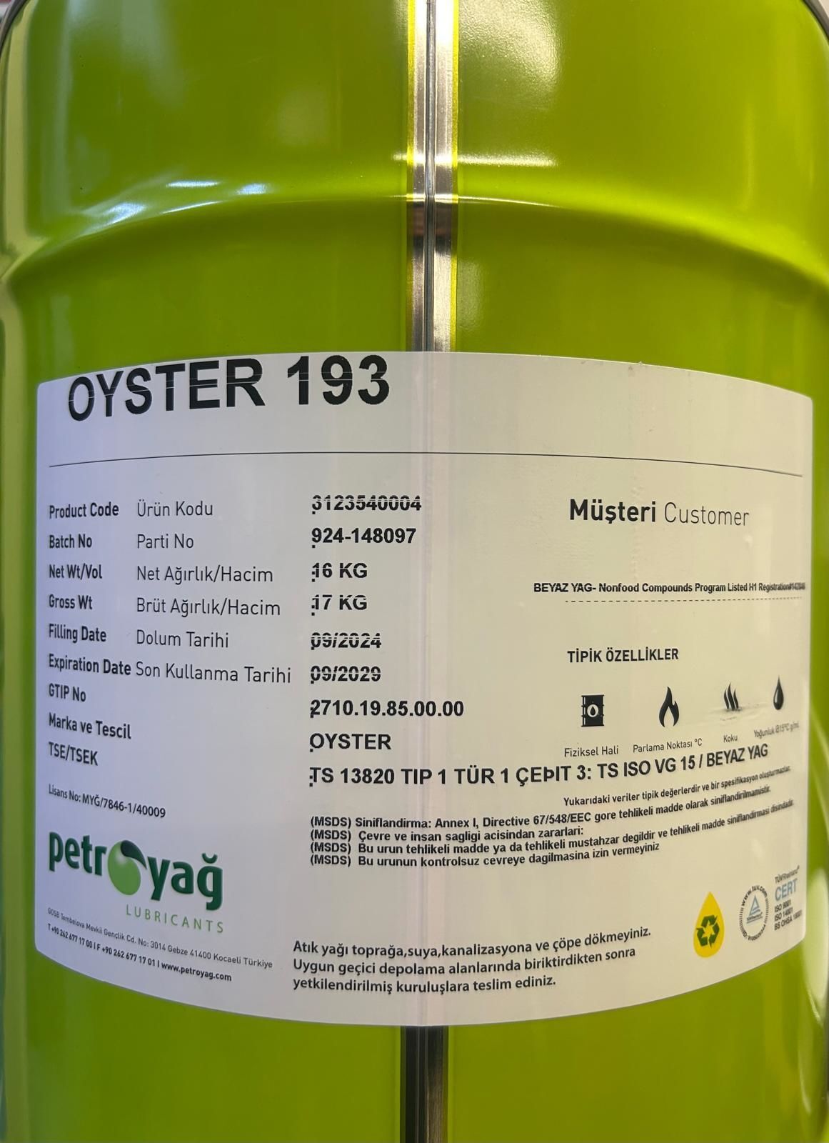 OYSTER 193 Gıda Onaylı Beyaz Yağ 16 kg