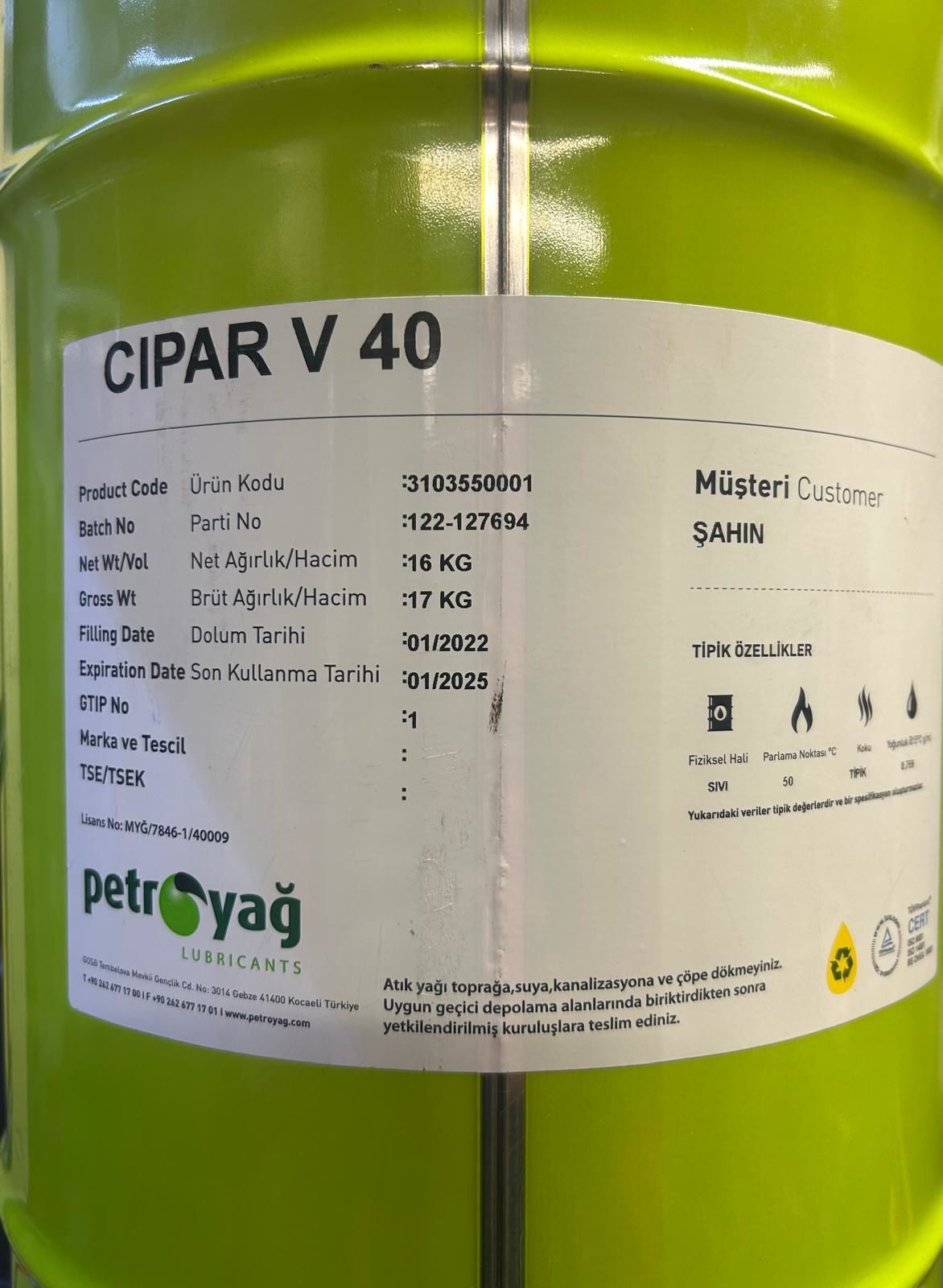 CAM KESME YAĞI UÇUCU 16 KG CIPAR V 40