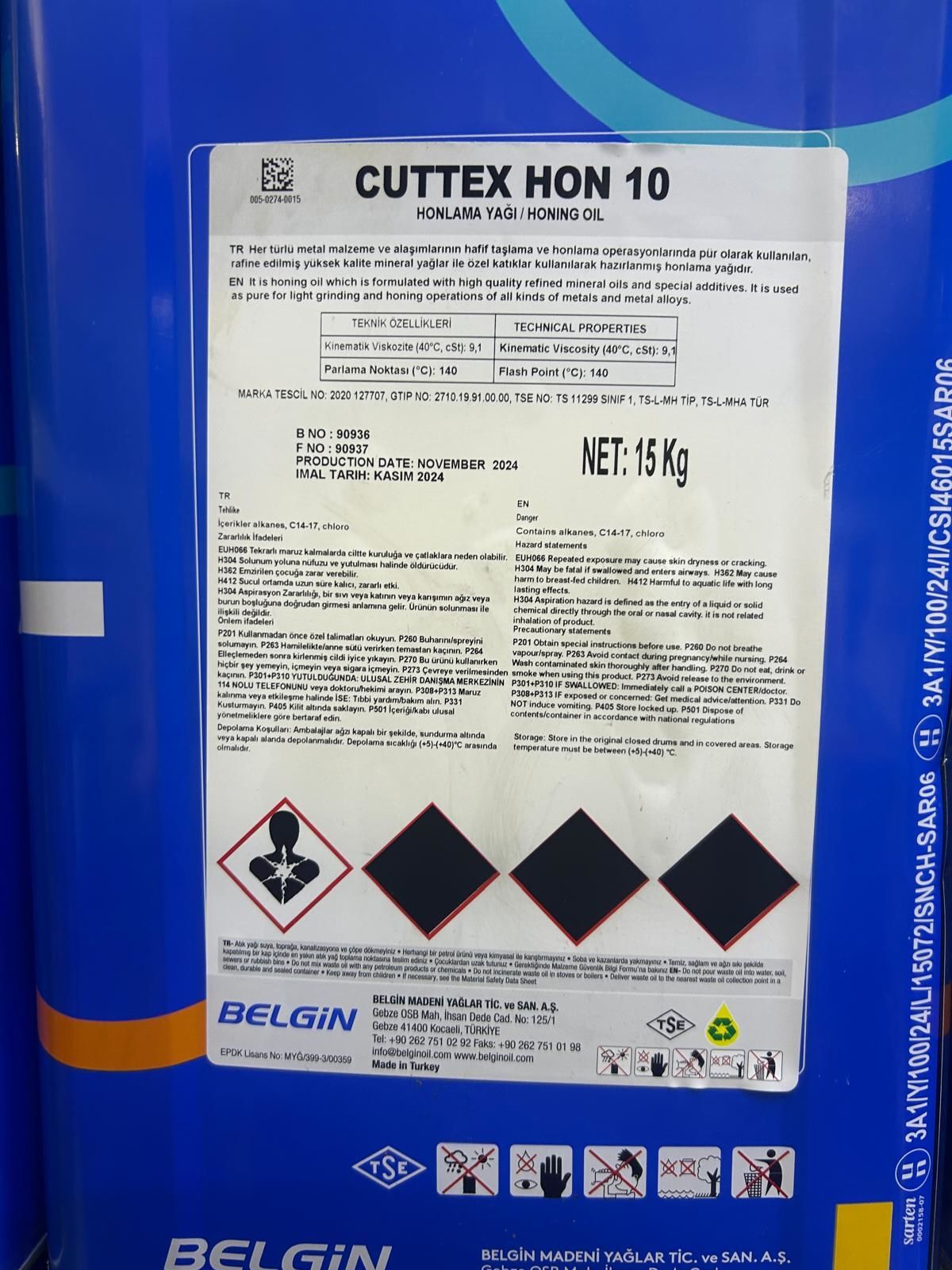 Belgin Cuttex Hon 10 Honlama Yağı 15 kg